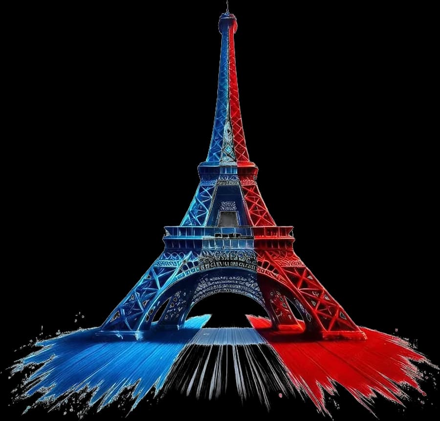 Tour Eiffel peinte aux couleurs bleu, blanc, rouge du drapeau français